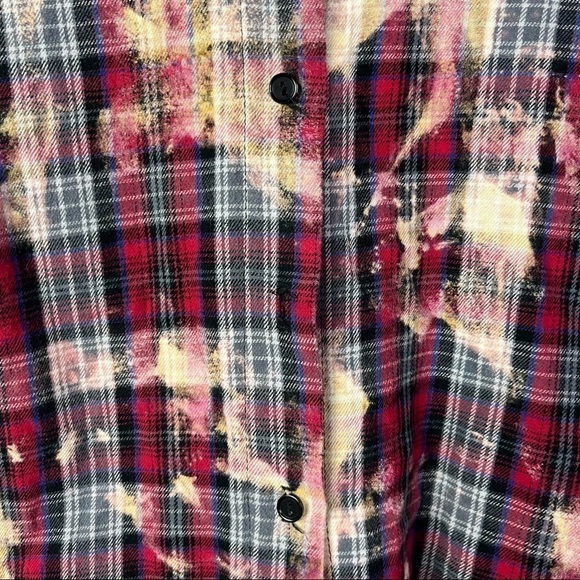 Vintage Havana Red Plaid Bleach Dyed Button Down Flannel Happy Patch Back S - Picture 3 of 4